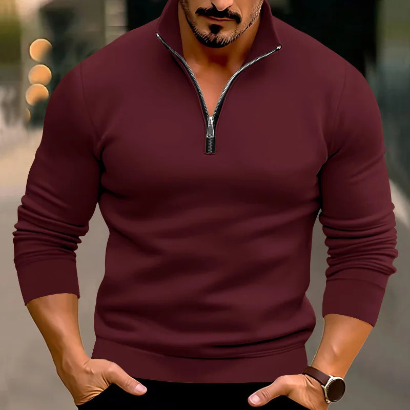 Pullover mit halbem Reißverschluss | Lässig | Warm | Sweatshirt mit halbem Reißverschluss | Herrenpullover mit Viertelreißverschluss-Bordeauxrot-S-Chaps Herrenmode