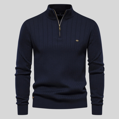 Herren Strickpullover Langarm Halb-Reißverschluss Stehkragen Schwarz - Eveloria