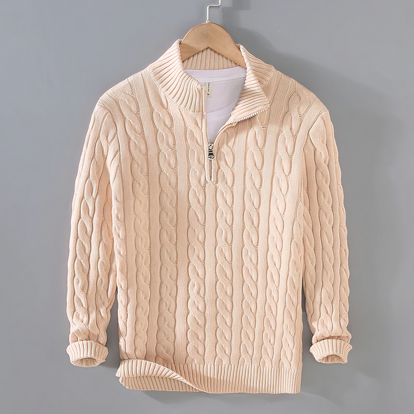 Herren Strickpullover Langarm Zopfstrick Halbzipper Beige - Eveloria