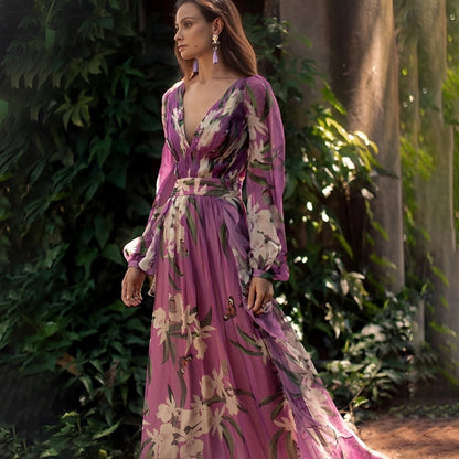 Johanna Damen Maxi Kleid Blumenmuster V-Ausschnitt Bequem - Eveloria