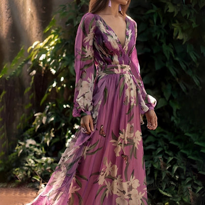 Johanna Damen Maxi Kleid Blumenmuster V-Ausschnitt Bequem
