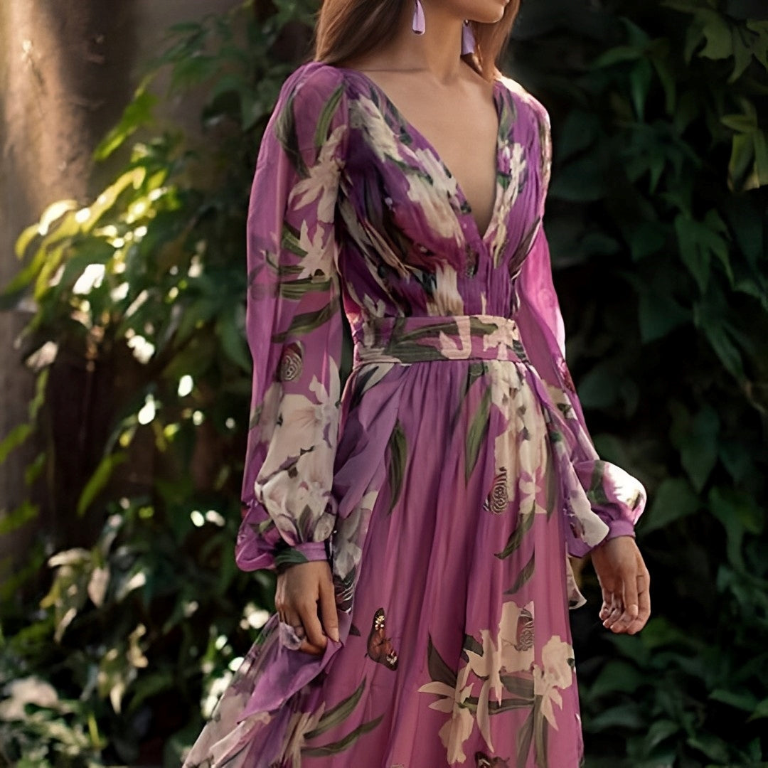 Johanna Damen Maxi Kleid Blumenmuster V-Ausschnitt Bequem