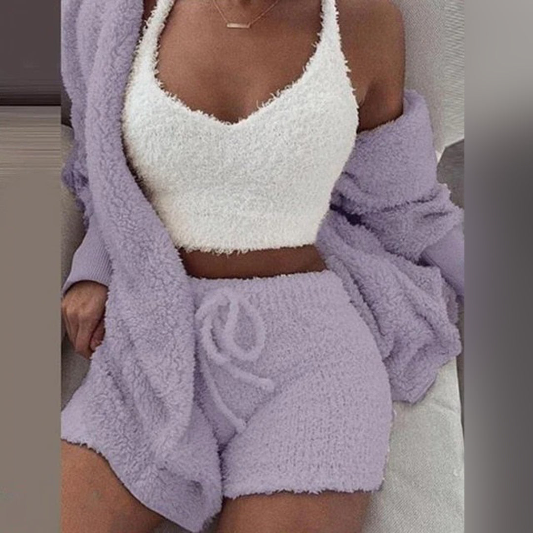 Damen Teddy Lounge Set Kapuzen-Cardigan und Shorts
