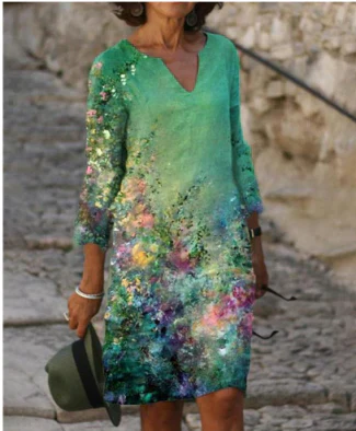 Damen Langarm Shift Kleid Abstraktes Muster