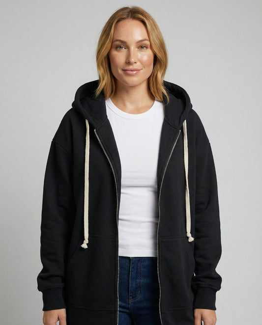 Damen Hoodie Knielang Komfort Sweatjacke Schwarz - Eveloria