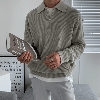 Quarter Zip Pullover | Collared | Half Zip | Strickpullover | Herrenstrickwaren-Grau-S-Chaps Herrenmode