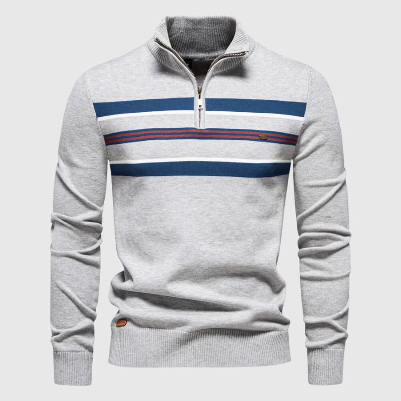 Quarter-Zip-Pullover – Gestreift – Gestrickt – Polo-Pullover – Herren-Pullover mit halbem Reißverschluss-Hellgrau-S-Chaps Herrenmode