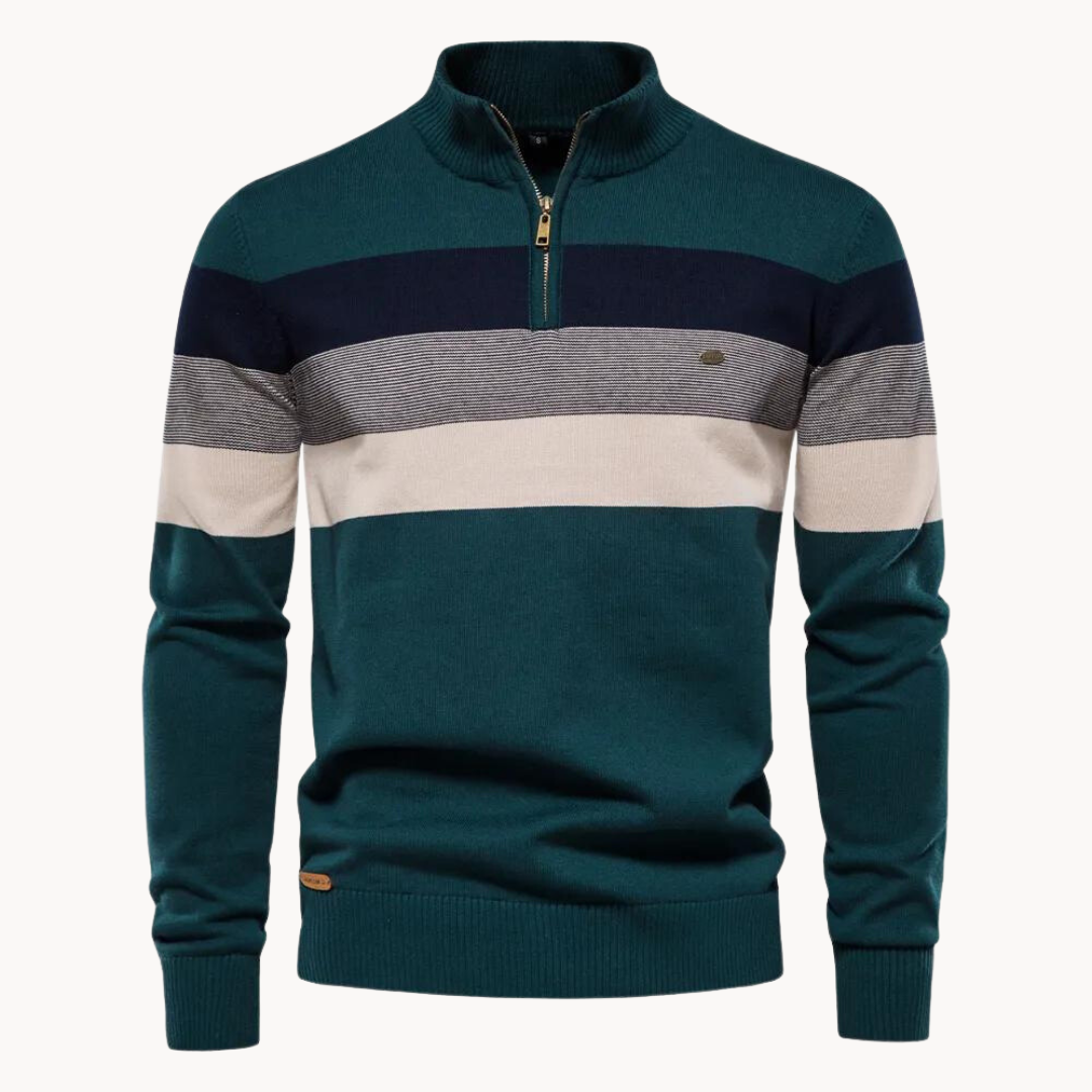 Quarter Zip Pullover - Gestreifter Strickpullover mit Viertel-Reißverschluss für Männer-Grün-M-Chaps Herrenmode