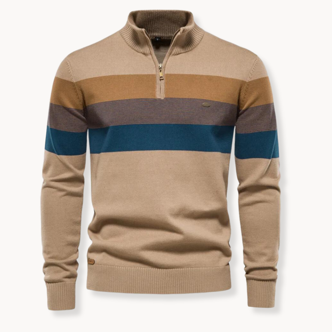 Quarter Zip Pullover - Gestreifter Strickpullover mit Viertel-Reißverschluss für Männer-Khaki-M-Chaps Herrenmode
