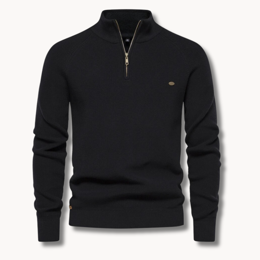 Quarter-Zip-Pullover – Slim Fit Strickpullover mit halbem Reißverschluss für Männer-Schwarz-S-Chaps Herrenmode