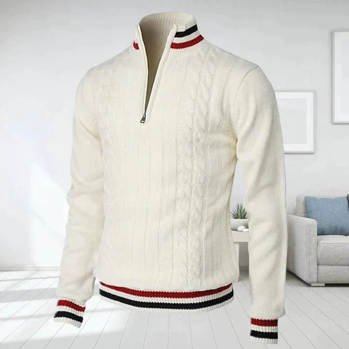 Herren Strickpullover Zopfstrick Hoher Ausschnitt Quarter Zip Beige - Eveloria
