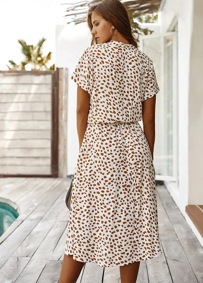Damen Midikleid V-Ausschnitt Baumwolle Kurzärmelig Beige