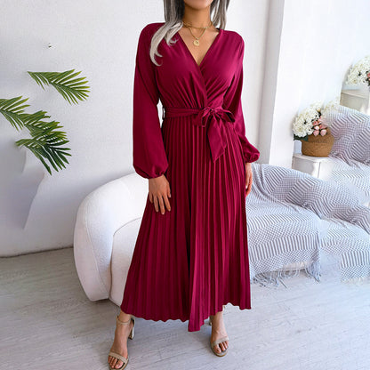 Damen Maxikleid V-Ausschnitt Taillengürtel Plisseerock