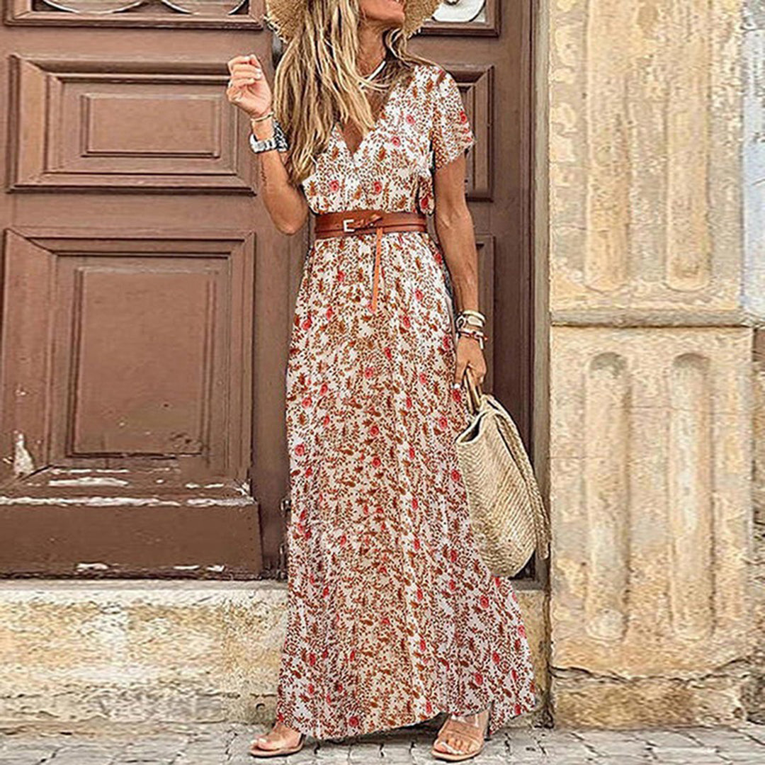 Boho Damen Maxikleid V-Ausschnitt Beinschlitz Bindegürtel Sommer