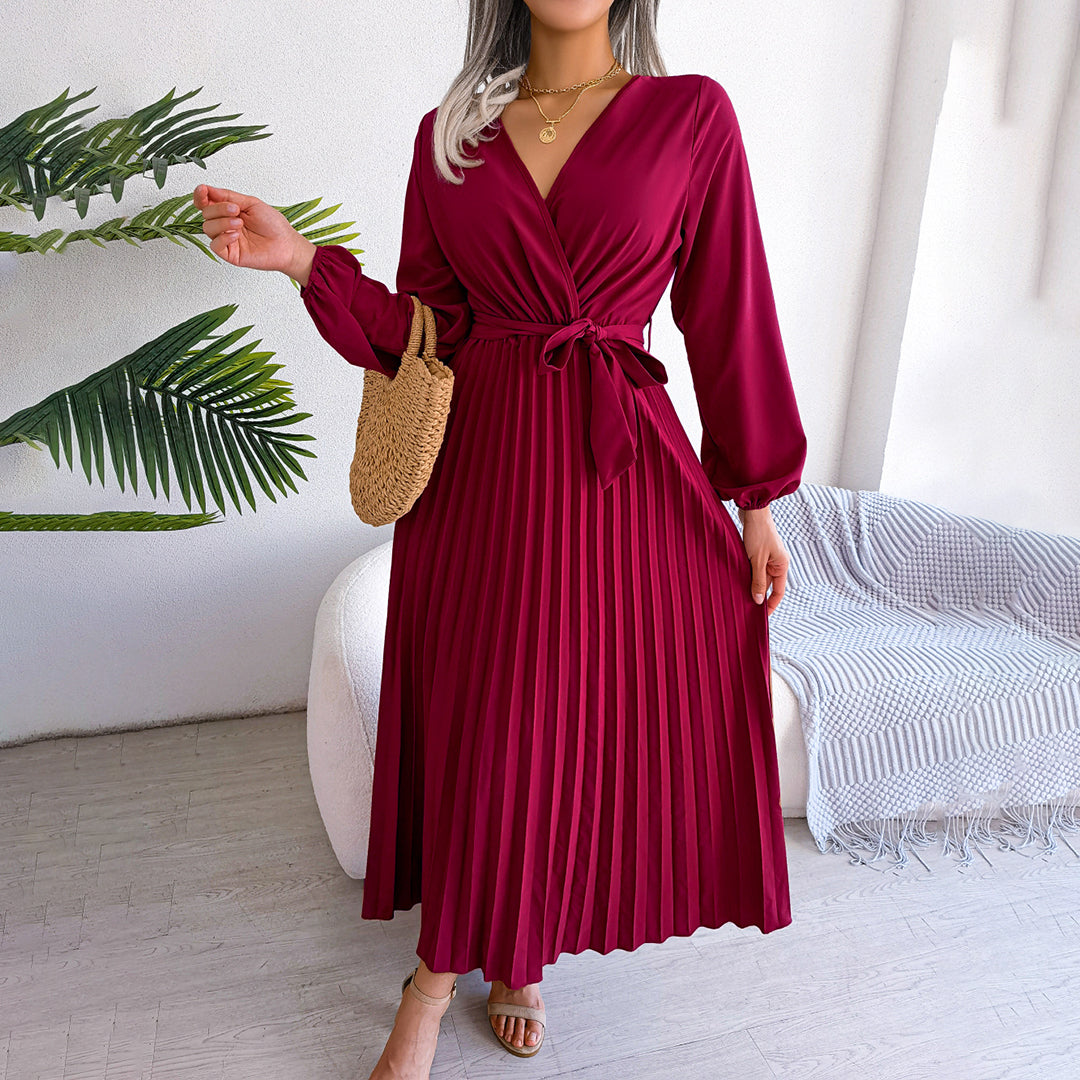 Damen Maxikleid V-Ausschnitt Taillengürtel Plisseerock - Eveloria