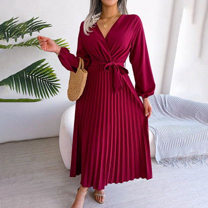 Damen Maxikleid V-Ausschnitt Taillengürtel Plisseerock - Eveloria