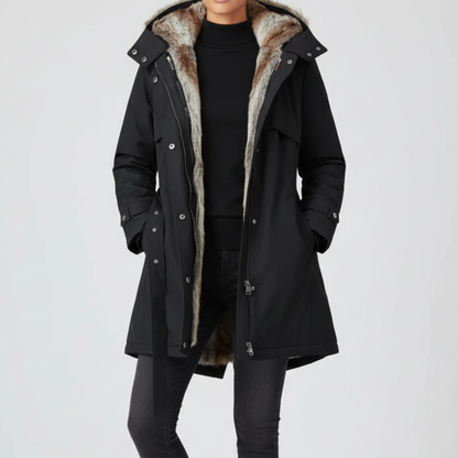 Damen Parka Kapuze Taillengürtel Warmer Wintermantel