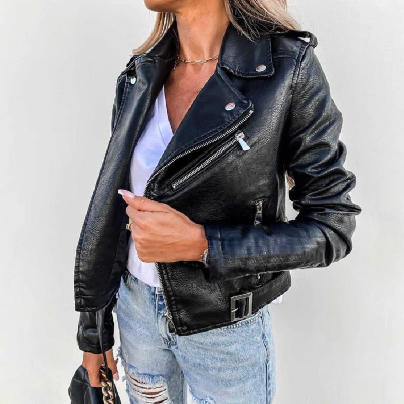 Damen Bikerjacke Kurz Leder Reverskragen Schwarz - Eveloria