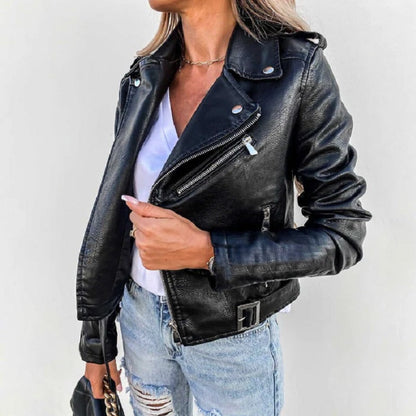 Damen Bikerjacke Kurz Leder Reverskragen Schwarz - Eveloria