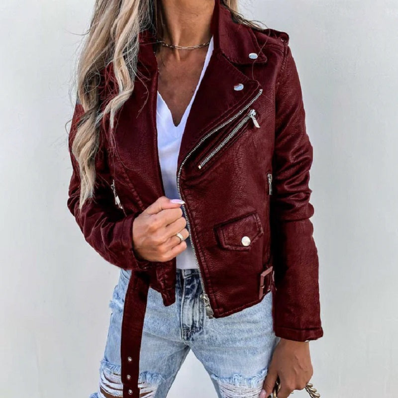 Damen Bikerjacke Kurz Leder Reverskragen