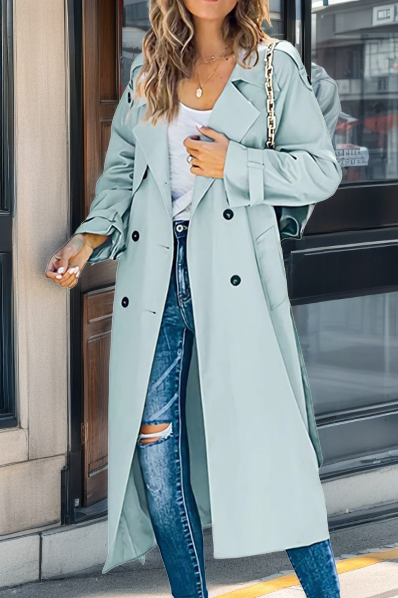 Eveloria Damen Trenchcoat Lang Leichter Gürtel Schwarz - Eveloria