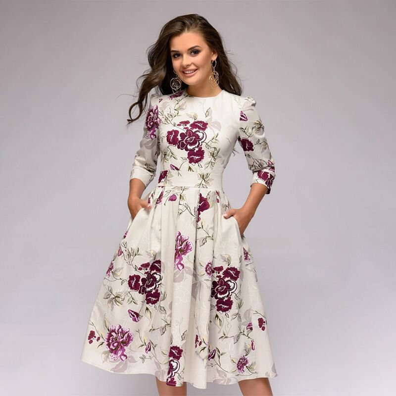 Damen Hochzeitsgastkleid Midi Blumendruck - Eveloria