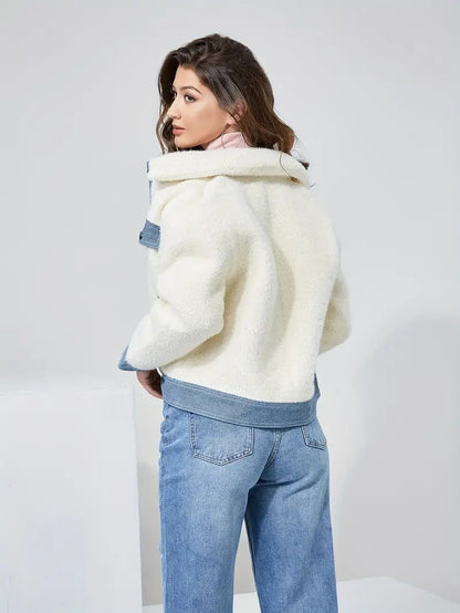 Damen Jeansjacke Plüsch Patchwork Knöpfe