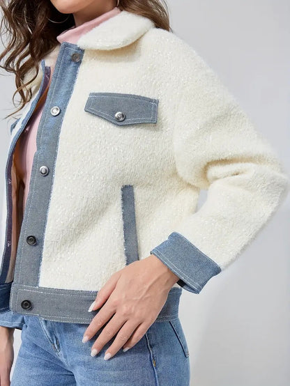 Damen Jeansjacke Plüsch Patchwork Knöpfe