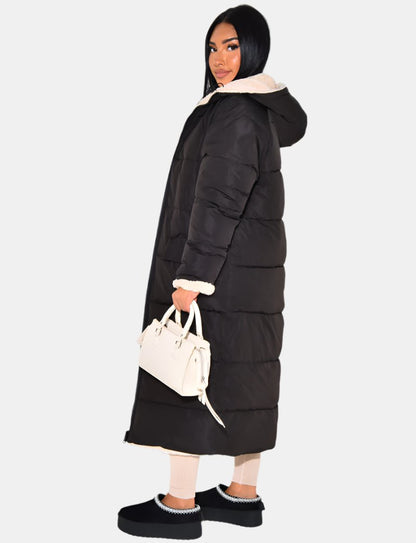 Damen Reversible Fleece Wintermantel Warm Gepolstert Winddicht Kapuze - Eveloria