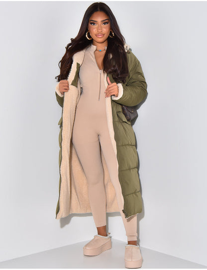 Damen Reversible Fleece Wintermantel Warm Gepolstert Winddicht Kapuze