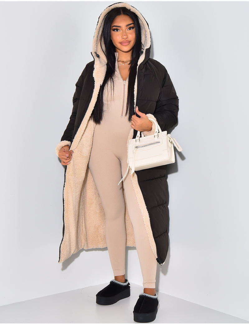 Damen Reversible Fleece Wintermantel Warm Gepolstert Winddicht Kapuze