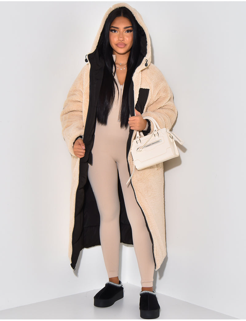 Damen Reversible Fleece Wintermantel Warm Gepolstert Winddicht Kapuze