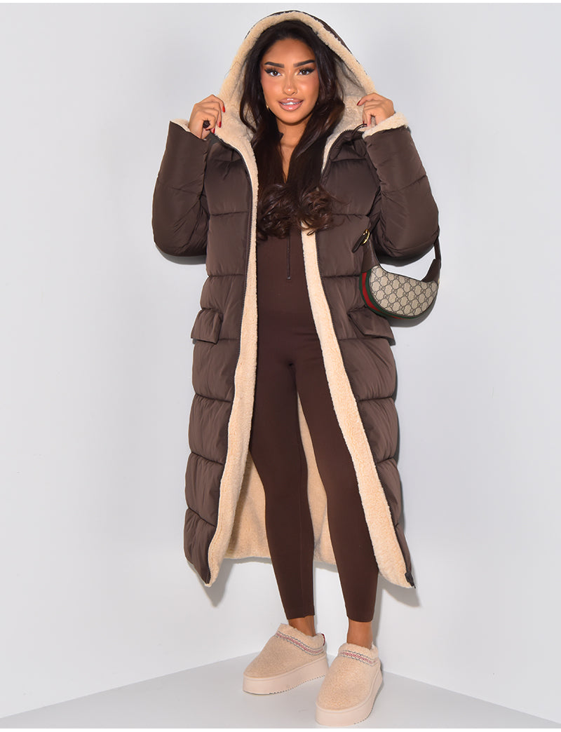 Damen Reversible Fleece Wintermantel Warm Gepolstert Winddicht Kapuze