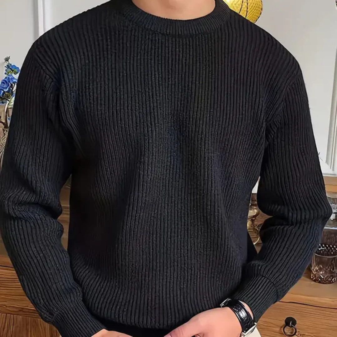 Herren Rippstrick Pullover Locker Rundhals Schwarz - Eveloria