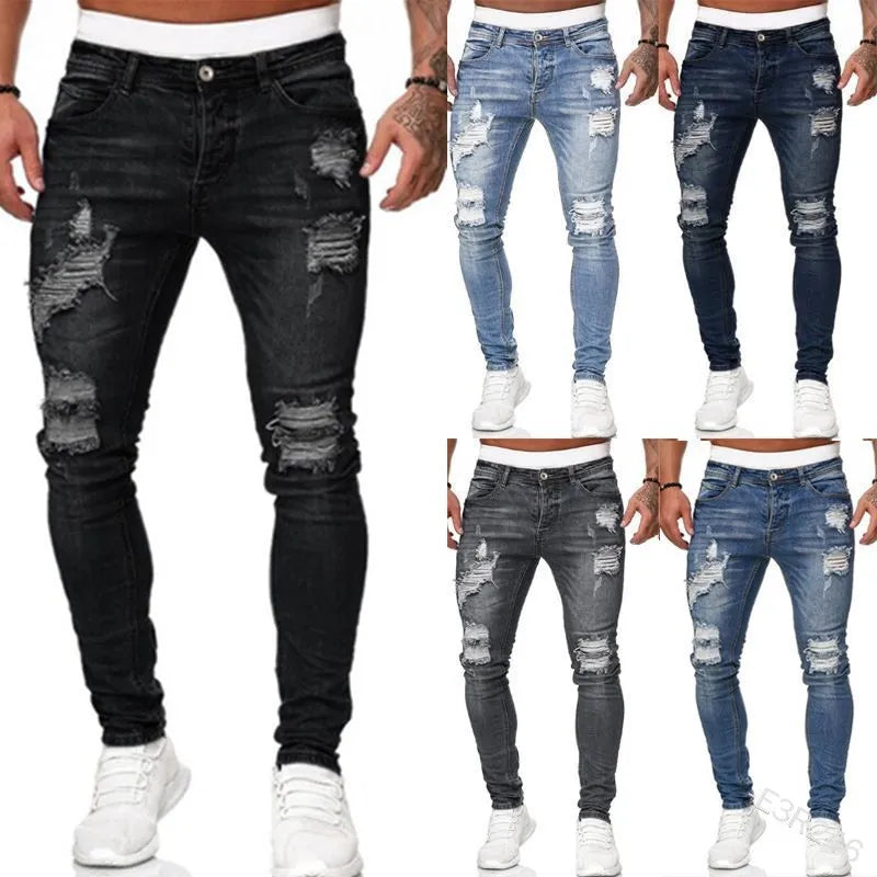 Herren Röhrenjeans Stretch Slim Fit Rissig Schwarz - Eveloria