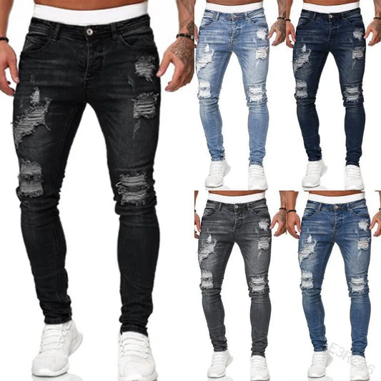 Herren Röhrenjeans Stretch Slim Fit Rissig Schwarz - Eveloria