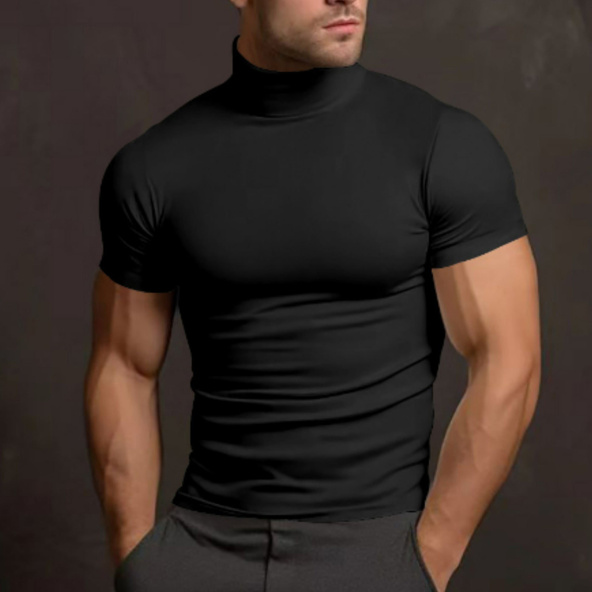 Herren Rollkragen T-Shirt Slim Fit Kurzärmelig Schwarz - Eveloria