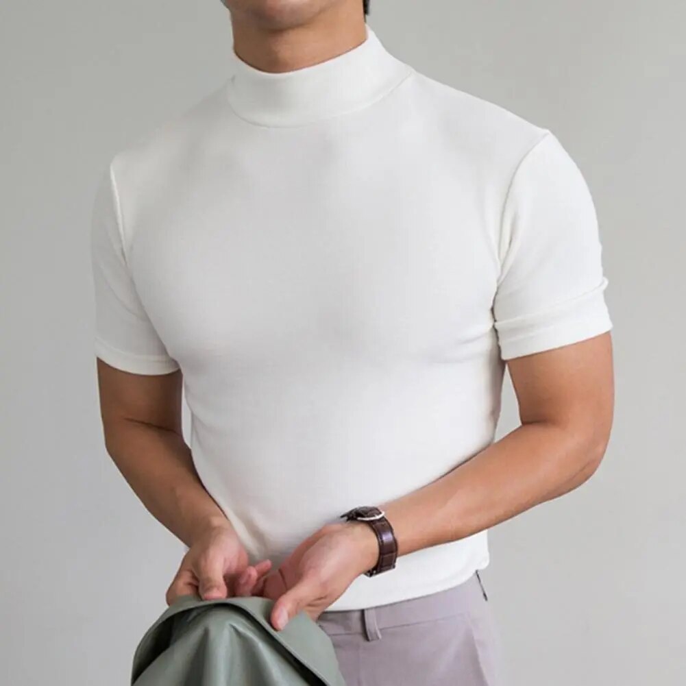 Rollkragen-T-Shirt - Hoher Ausschnitt - Einfarbig - Sweater T-Shirt - Herrenbekleidung-Weiß-M-Chaps Herrenmode