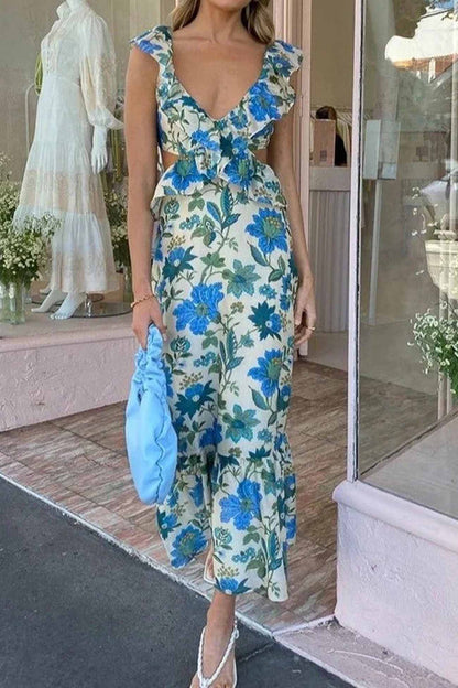 Damen Maxi-Kleid Floral Rüschen Elegantes Design