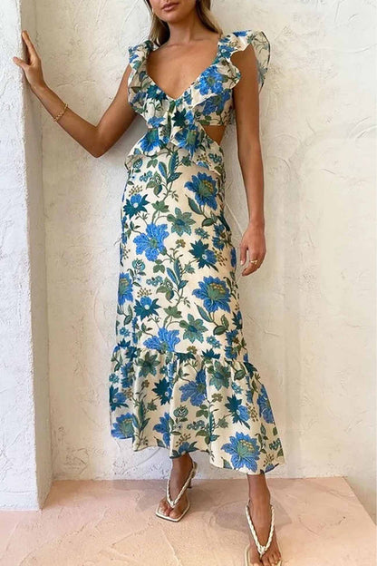 Damen Maxi-Kleid Floral Rüschen Elegantes Design