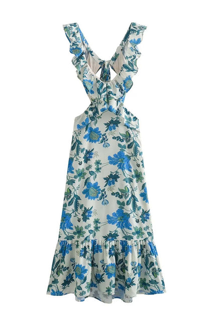 Damen Maxi-Kleid Floral Rüschen Elegantes Design