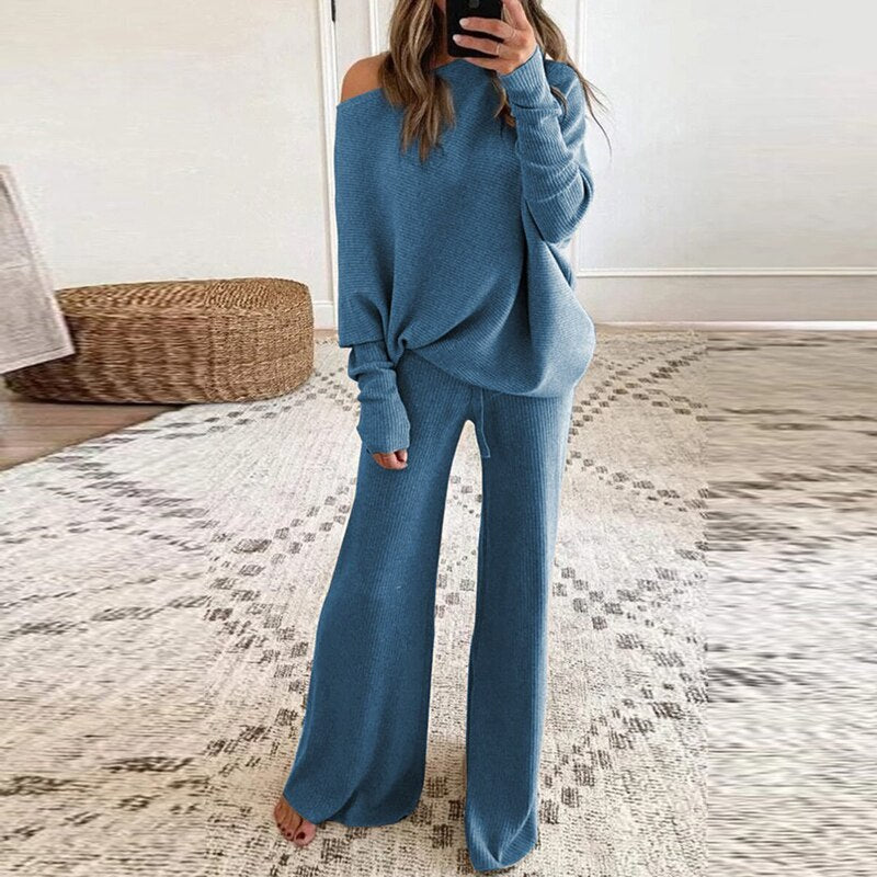 Damen Herbst Pullover Set Ein-Schulter-Modell mit lockerer Hose