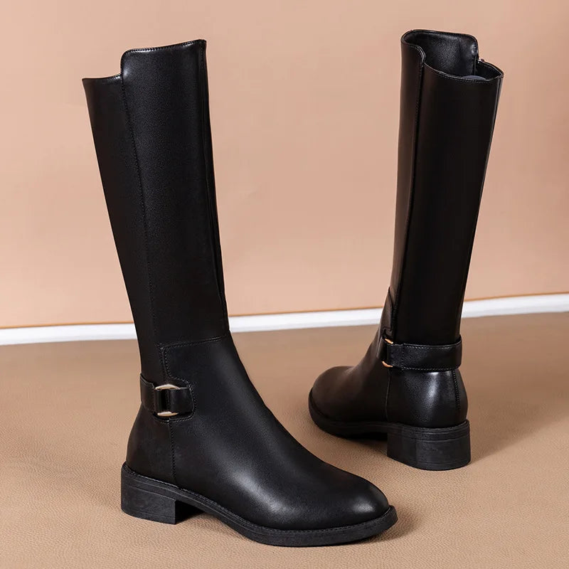 Damen Stiefel Schwarz Metallschnalle Reißverschluss - Eveloria