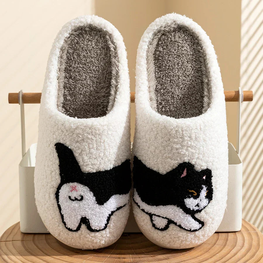 Unisex Hausschuhe Katzenmotiv Plüsch Rutschfest Schwarz - Eveloria