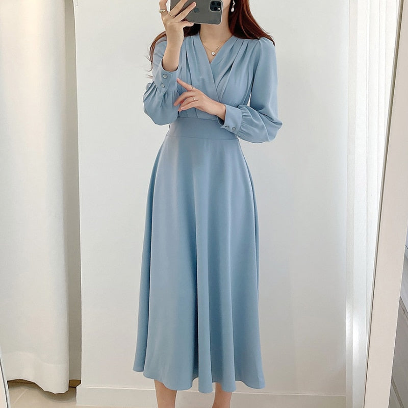 Eveloria Damenkleid Puffärmel V-Ausschnitt A-Linie