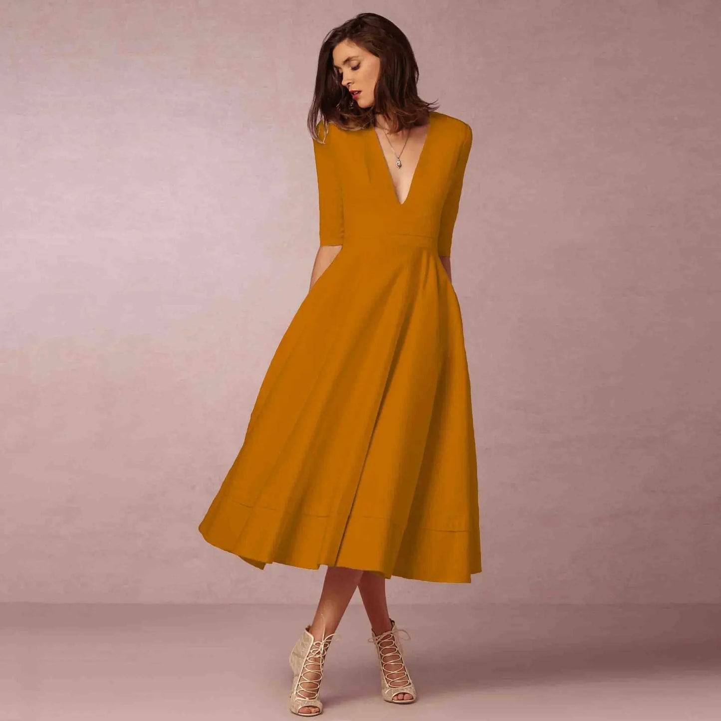 Damen Hochzeitsgastkleid V-Ausschnitt Midi