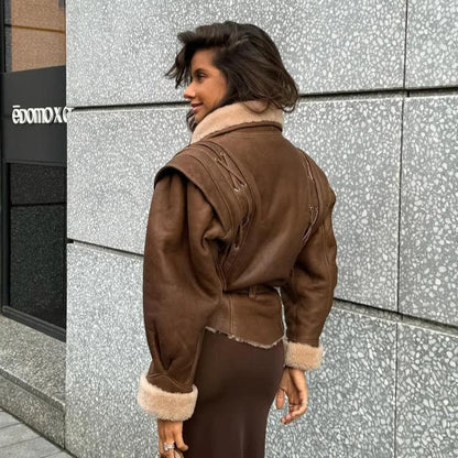Paloma Damen Kunstlederjacke Teddyfutter Schnürung