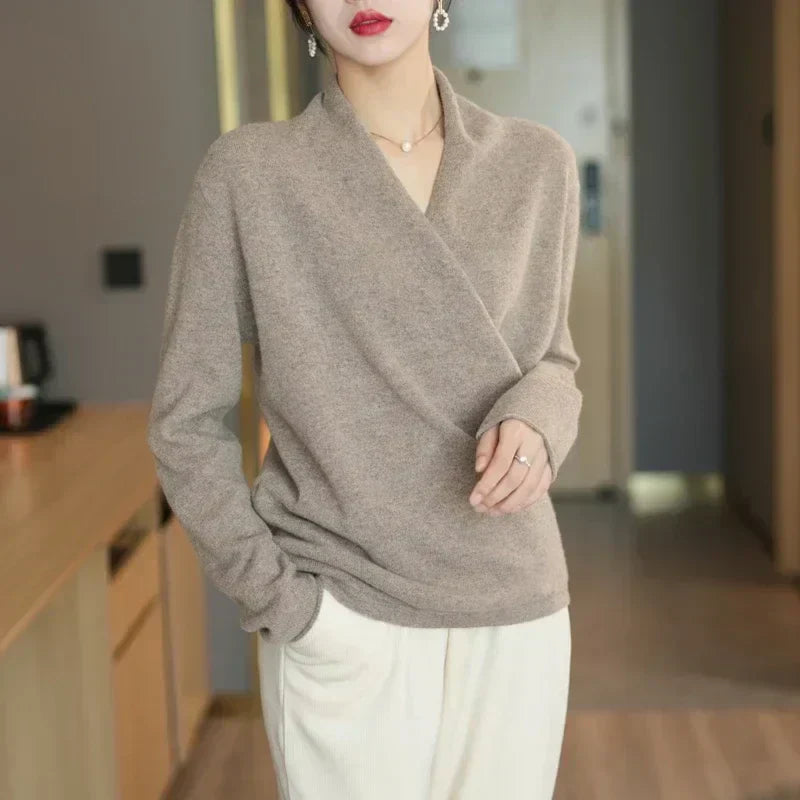 Damen Kaschmir Wickelpullover Weich Beige