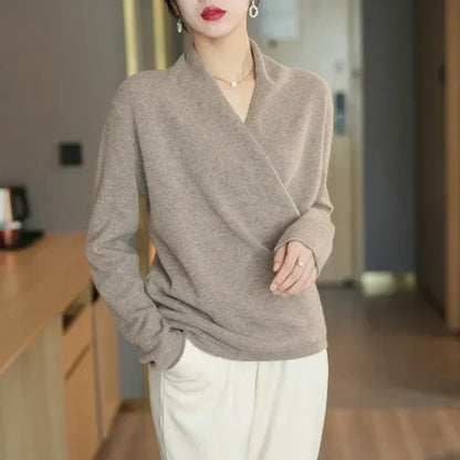 Damen Wickelpullover V-Ausschnitt Wollig Beige