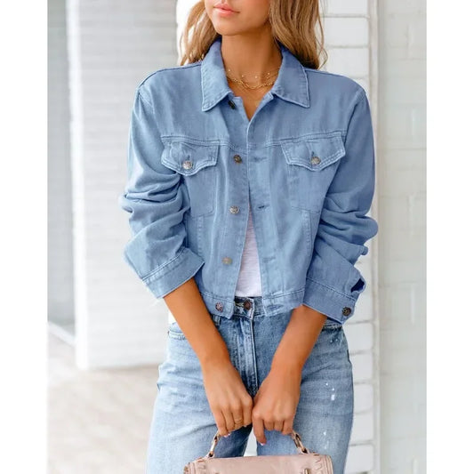 Damen Denim-Jacke Kurz Knopf Ärmel Blau - Eveloria